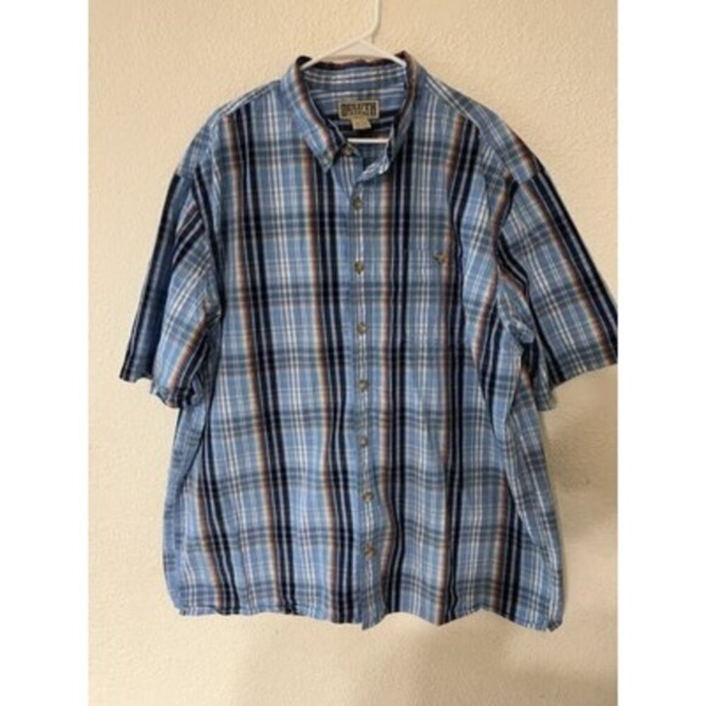 Duluth Trading Plaid Dress Shirt Mens Size 2XL Tall Button 2XLT Blue Red Pocket